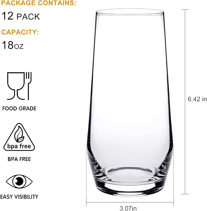 18oz Drinking Glasses, Highball Glasses Set of 12,Sutiable for Glasses for Wine, Iced Tea Glasses,Mojito Kit,Cocktails, Drinks, Office, Parties, Weddings and Gifts
