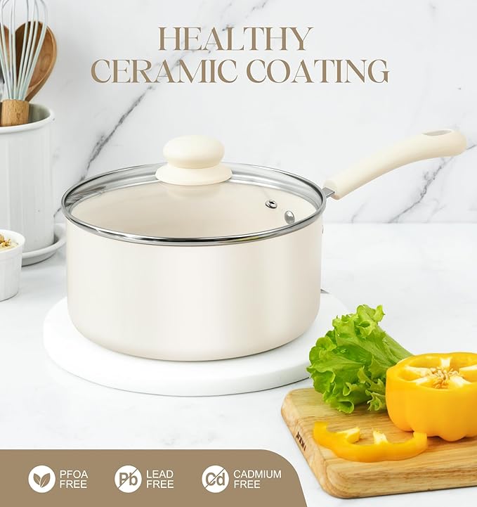 MICHELANGELO Nonstick Sauce Pan Sets, Ceramic Saucepan with Lid, Multipurpose Pot with Lid, Non-Toxic Saucepans, Induction Compatible, 3QT, White