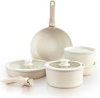 GOURMETIFIC® Pots and Pans Cookware Set [11 PIECES] - Non Toxic Ceramic Coated Cooking Ware - Induction, Gas & Oven Kitchenware - Non Stick Pot & Pan with Removable Handles & Stackable (Cream)