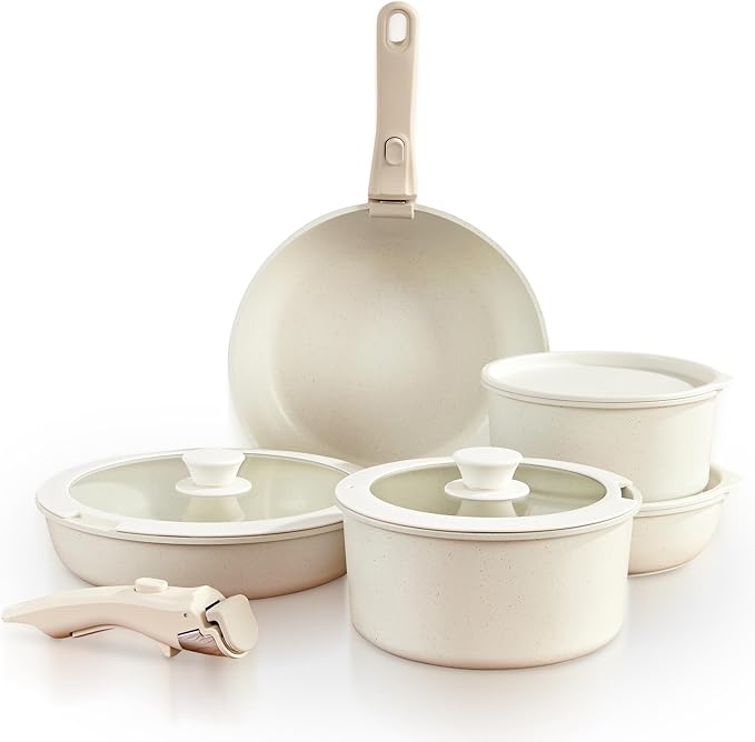 GOURMETIFIC® Pots and Pans Cookware Set [11 PIECES] - Non Toxic Ceramic Coated Cooking Ware - Induction, Gas & Oven Kitchenware - Non Stick Pot & Pan with Removable Handles & Stackable (Cream)