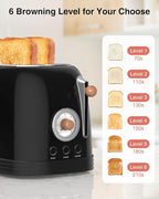 CROWNFUL 2-Slice Toaster, Extra Wide Slots Toaster, Retro Stainless Steel with Bagel, Cancel, Defrost, Reheat Function and 6-Shade Settings, Removal Crumb Tray, Black