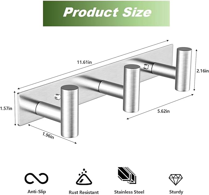 Wall Mounted Coat Rack-3 Hooks, Heavy Duty Stainless Steel Hook Rail for Towel Coat Hat Purse Bag Jacket, Towel Hooks for Entryway Bathroom Kitchen (Silvery 3 Hooks - 1 Pack)