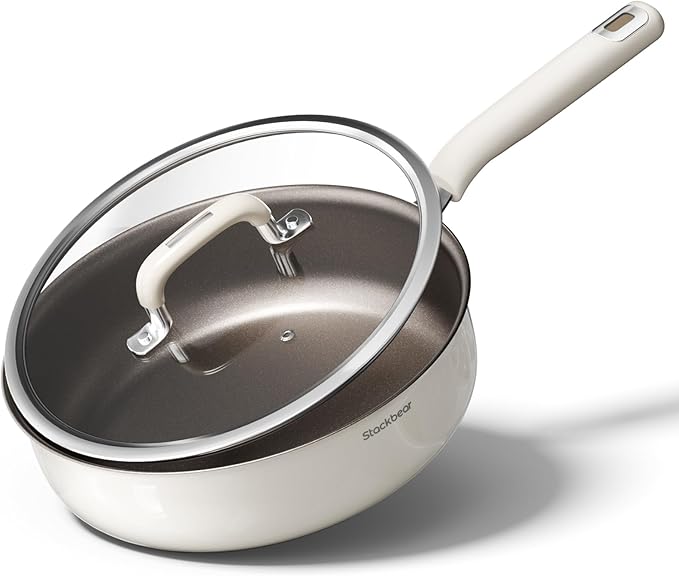 Ceramic Deep Frying Pan Nonstick - 11"(5.5 Qt) Sauté Pan with Lid, Titanium Reinforced Tri-Ply Stainless Steel Skillet, PTFE&PFOA-Free, Non-Toxic, Compatible with All Stovetops