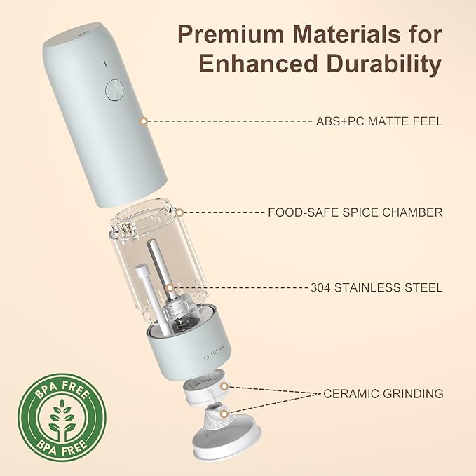 Ultrean Pepper Grinder, Rechargeable Salt and Pepper Grinder with 6 Adjustable Coarseness, LED Light, One-Hand Automatic Operation, Blue