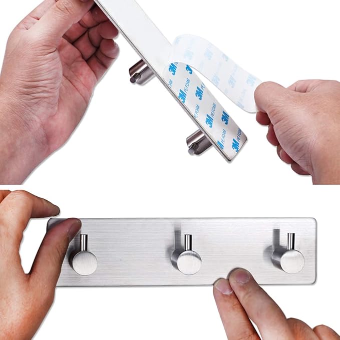 Self Adhesive Stainless Steel Hooks, Wall Mounted Heavy Duty Hanger, Key Rack Towel Hooks for Bathroom, Living Room, Kitchen (3 Hooks)