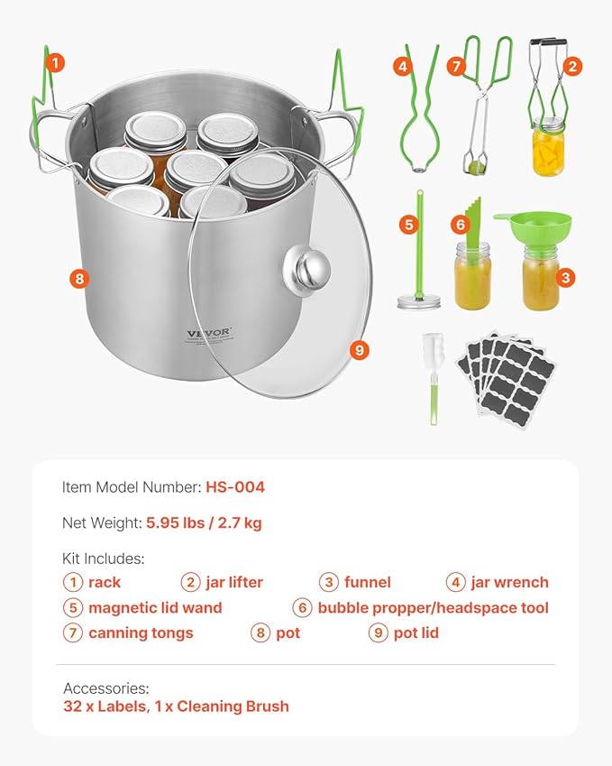 VEVOR Canning Supplies Starter Kit, 9 Pieces Stainless Steel Water Bath Canning Kit for Beginners, Canning Tools Set: Pot, Rack, Lid, Funnel, Tongs, Jar Lifter, Wrench, Magnetic Wand, Bubble Propper