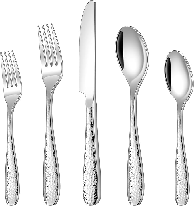Hammered Silverware Set, Ollex 40-Piece Flatware Set for 8 Mirror Finish Stainless Steel Eating Utensils Sets Include Forks Spoons and Knives Tableware Kitchen Cutlery Sets, Dishwasher Safe