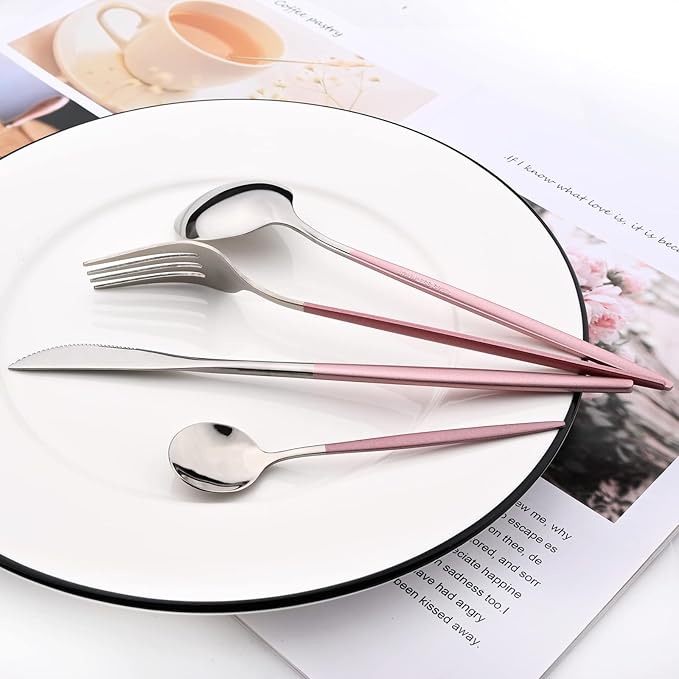 Pink Silver 24Pcs Flatware Set With Stand, Lightweight Dinnerware Set Stainless Steel Cutlery With Pink handles For Home Kitchen Wedding Party And Daily Use,Service For 6, Mirror Polish