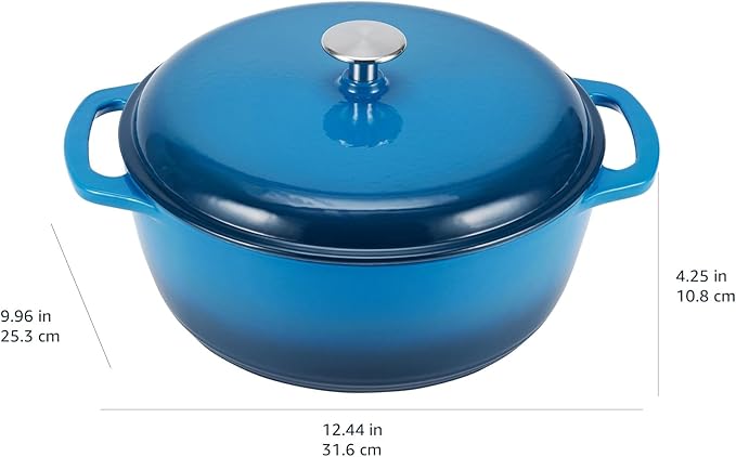 Amazon Basics Cast Iron Dutch Oven Pot with Lid, Enameled, Round, Dual Handles, Heavy-Duty, Small, 4.3-Quart, Blue