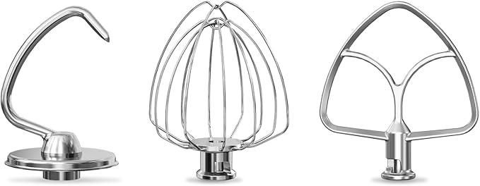Stainless Steel Attachments 3 Pieces for KitchenAid 4.5-5QT Tilt-Head Stand Mixer and Mixing Bowl,K45WW Wire Whip, K45DH Dough Hook, K45B Flat Beater,Dishwasher Safe and Heavy Duty