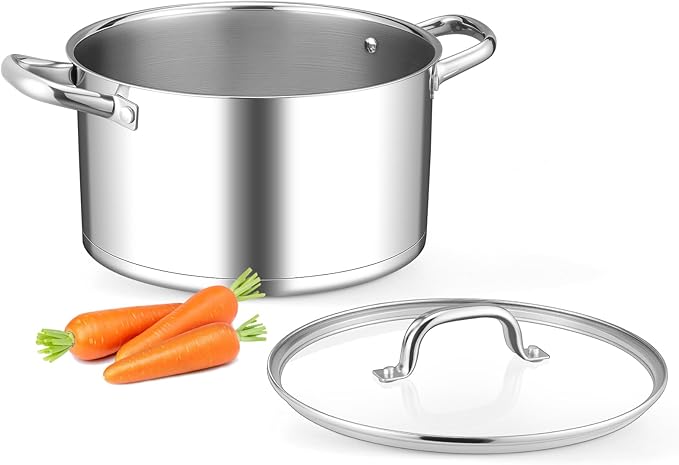 Leonyo Stainless Steel Stock Pot, 8 Quart Stock Pot with Visible Lid, Heavy Duty 3-Ply Induction Cooking Pot for Pasta, Soup, Spaghetti, 18/10 Stainless Steel StockPot for Canning, Boiling, Simmering