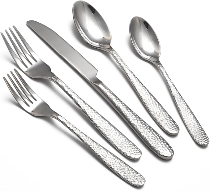 Hammered Silverware Set, 20 Piece Stainless Steel Heavy Duty Flatware Set for 4, Food-Grade Tableware Cutlery Set for Home Restaurant, Mirror Polished, Dishwasher Safe
