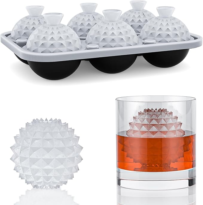 6 Chamber 1.83” 3D Crystal Round Ball Ice Cube Tray With Funnel,Large Circle Ice Molds Silicone Fun Shapes Whiskey Sphere Ice Tray,For Chilling Whiskey,Cocktails,Bourbon,Brandy and Beverages