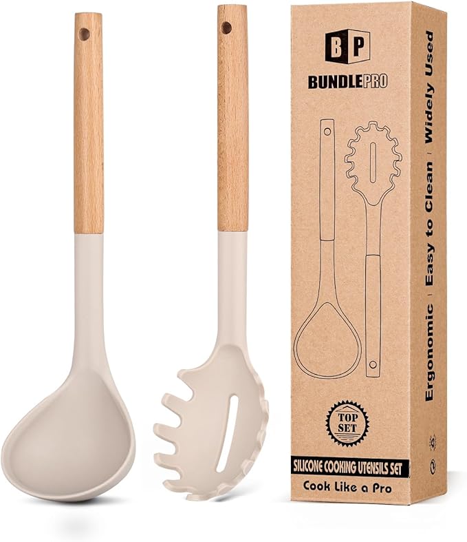 Silicone Pasta Fork and Ladle Spoon Set with Wooden Handle, Heat Resistant Non Stick Kitchen Utensils for Cooking, Stirring, Serving Spaghetti, Soup, Sauce(KHAKI)
