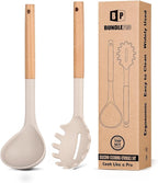 Silicone Pasta Fork and Ladle Spoon Set with Wooden Handle, Heat Resistant Non Stick Kitchen Utensils for Cooking, Stirring, Serving Spaghetti, Soup, Sauce(KHAKI)