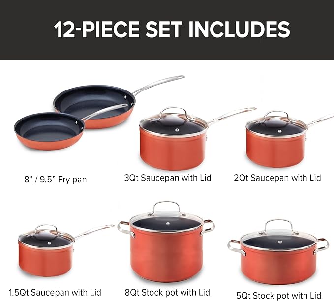 Nuwave 12pc Healthy Pots and Pan Set Non-Stick, Forged Lightweight Cookware Set, G10 Duralon Ceramic Coating, Vented Tempered Glass Lids, Induction-Ready & Works on All Cooktops, PFAS Free