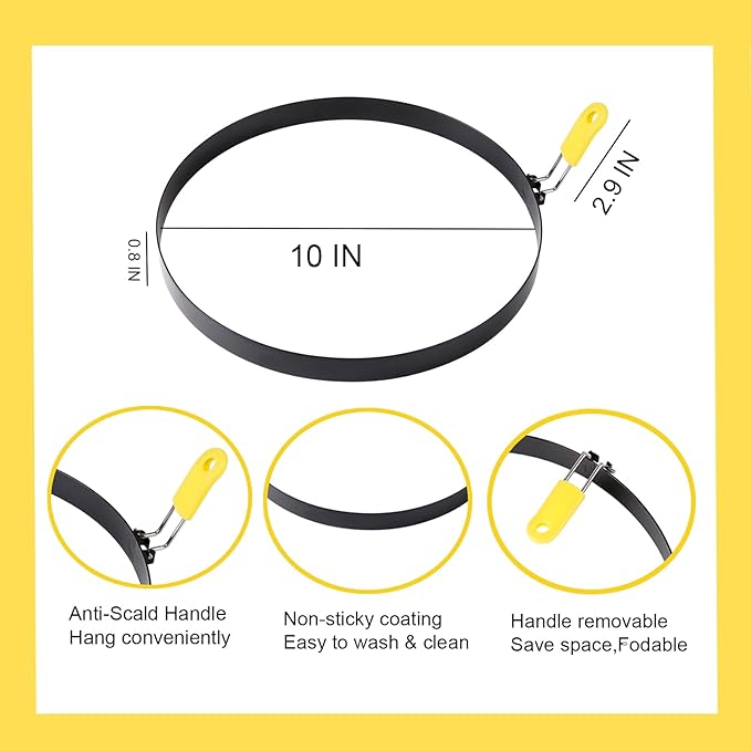 Extra Large 10 Inch Omelette Ring for Griddle, Stainless Steel Pancake Egg Ring With Silicone Handle - Non-Stick Round Creps Crumpet Accessory (2 Packs)