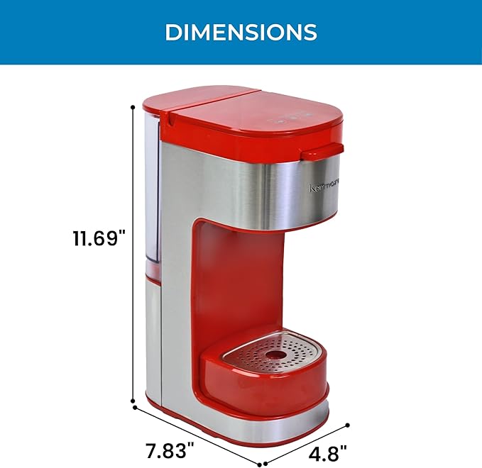 Koolatron Kenmore Single Serve Coffee Maker & Stainless Steel Travel Mug, Capsule/Pod & Ground Coffee Brewing, K Cup Compatible, Hot & Iced Coffee Machine, 6 to 14 Oz Brew Sizes, Auto Shut-Off, Red