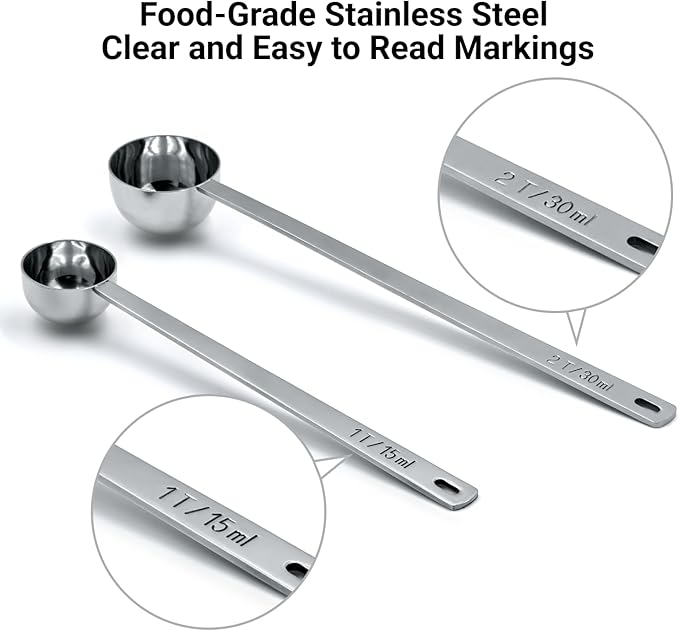 2PCS Coffee Scoop Set,1 Tbsp (15ml) & 2 Tbsp (30ml) Coffee Measuring Spoons,for measuring ground coffee, protein powder, tea,Silver long-handled measuring spoon,for deep jars,coffee bags.
