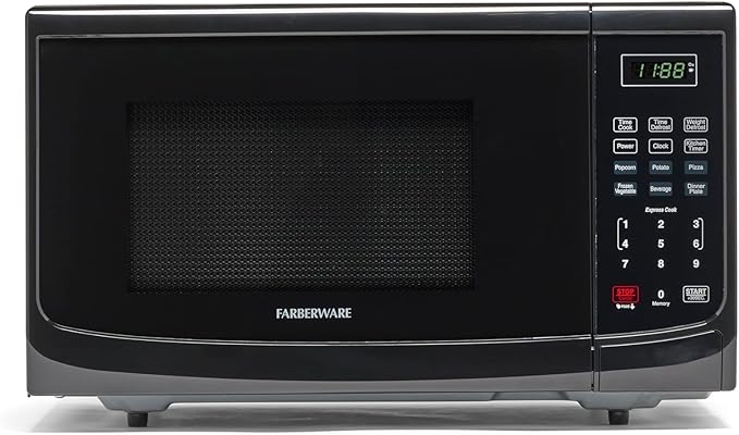 Farberware FM09BKA Compact Countertop Microwave Oven 0.9 Cu. Ft. 900-Watt with LED Lighting, Child Lock, Easy Clean Grey Interior, Black