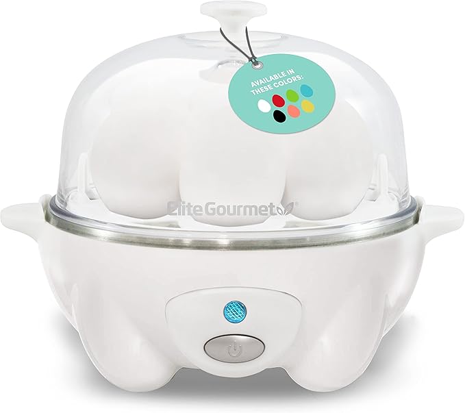 Elite Gourmet EGC-007## Rapid Egg Cooker, 7 Easy-To-Peel, Hard, Medium, Soft Boiled Eggs, Poacher, Omelet Maker, Auto Shut-Off, Alarm, 16-Recipe Booklet, White