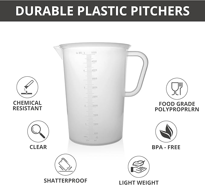 Plastic Graduated Measuring and Mixing Pitcher - 5000ml Plastic Graduated Measuring Pitcher - Soap Making Supplies for Easy Pouring & Accurate Measurements, With Handle & Pour Spout, 5 Liter
