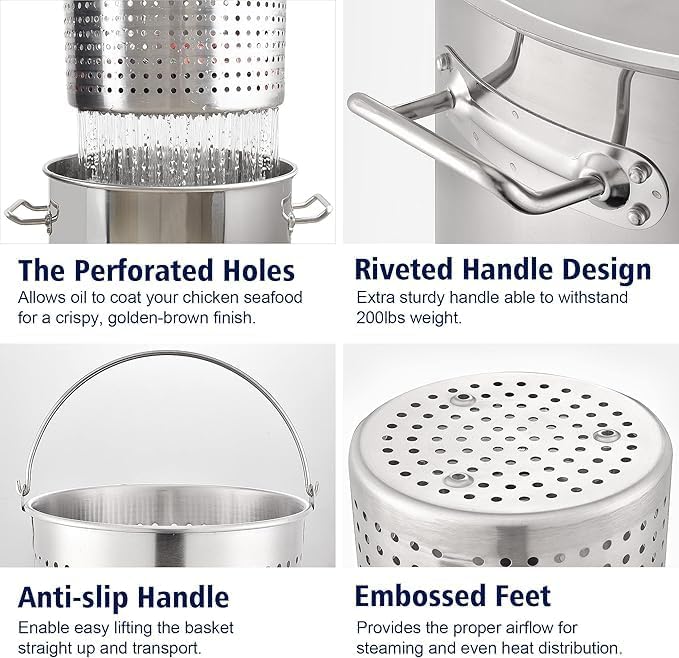 ARC 40QT Seafood Boiling Kit, 200,000BTU Propane Burner And Stainless Steel Crawfish Boil Pot w/Basket and Steamer Rack, For Outdoors Cooking and Steaming, Large Turkey Fryer, Lobster Shrimp Pot