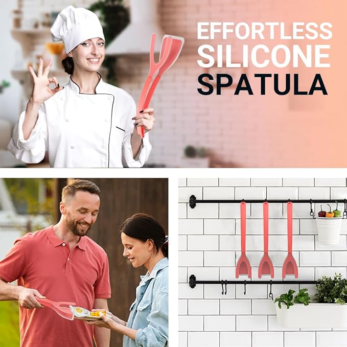 Silicone Egg Flipper Spatula Tongs (Set of 1) – Non-Stick 2-in-1 Grip & Flip Kitchen Tongs for Pancakes, Fish, Eggs, and More – Heat Resistant Cooking Tool (Black) (Red)