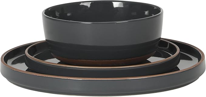 Gibson Elite Northrock Stoneware Dinnerware Set, 16-Piece Service for 4 Plates and Bowls Set – Charcoal Blue Dishes with Hand-Painted Terracotta Base