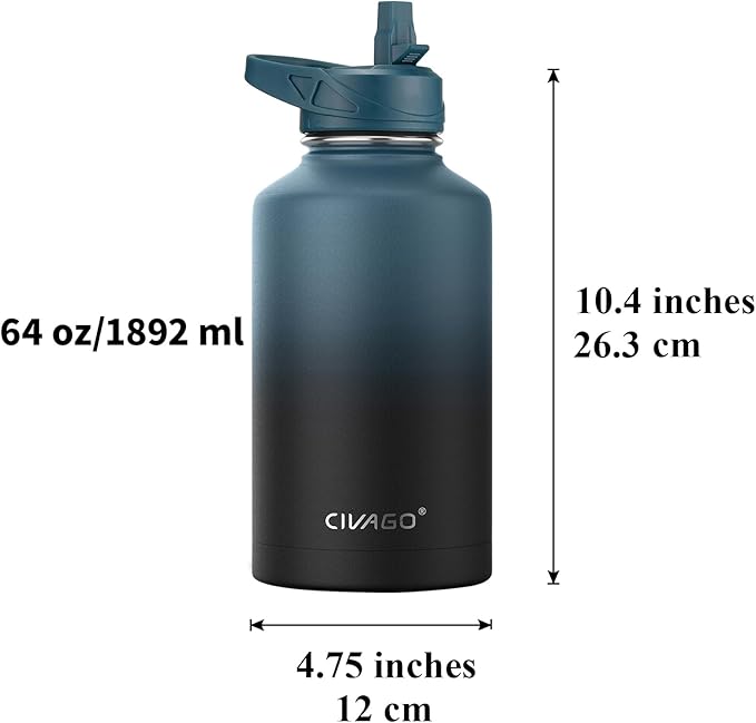 CIVAGO 64 oz Insulated Water Bottle With Straw, Half Gallon Stainless Steel Sports Water Flask Jug with 3 Lids (Straw, Spout and Handle Lid), Large Metal Thermal Cup Mug, Cool Gray
