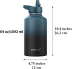 CIVAGO 64 oz Insulated Water Bottle With Straw, Half Gallon Stainless Steel Sports Water Flask Jug with 3 Lids (Straw, Spout and Handle Lid), Large Metal Thermal Cup Mug, Midnight Black