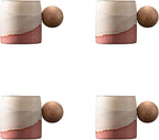 2-Oz Ceramic Espresso Cups with Wood Handle, 2/4-Piece Set for Coffee, Tea, Latte - Dishwasher Safe, Multi-Color & Wood Styles, Gift & Café Use (Kiln turning pink, Round Handle4)