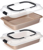 2 Pcs Cake Baking Pan with Lid and Handle, 9 x 13 Inch Non-stick Rectangle Sheet Cake Pan Carrier for Brownie Roasting Cooking Baking (Gold)
