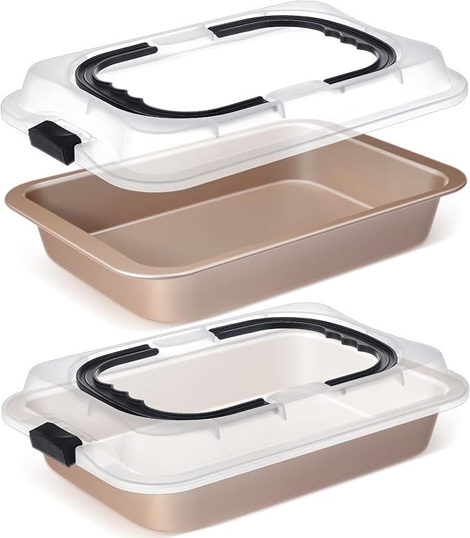 2 Pcs Cake Baking Pan with Lid and Handle, 9 x 13 Inch Non-stick Rectangle Sheet Cake Pan Carrier for Brownie Roasting Cooking Baking (Gold)