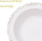N9R 30PCS Disposable Soup Bowls with Gold Relief, 12 Oz Fancy Plastic Soup Bowls for Holidays, Parties, Weddings, Catering and Everyday Use