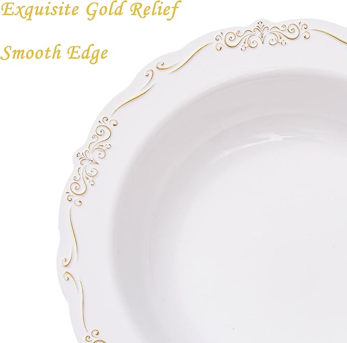 N9R 30PCS Disposable Soup Bowls with Gold Relief, 12 Oz Fancy Plastic Soup Bowls for Holidays, Parties, Weddings, Catering and Everyday Use
