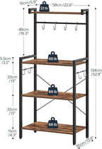 HOOBRO Kitchen Bakers Rack with Storage, 4 Tiers Coffee Bar Station, Microwave Stand with 8 S-Shaped Hooks, Kitchen Storage Shelf Rack for Small Spaces, Rustic Brown and Black BF04HB01