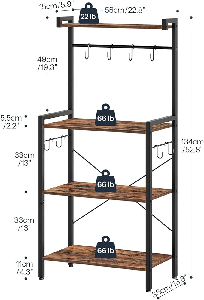 HOOBRO Kitchen Bakers Rack with Storage, 4 Tiers Coffee Bar Station, Microwave Stand with 8 S-Shaped Hooks, Kitchen Storage Shelf Rack for Small Spaces, Rustic Brown and Black BF04HB01