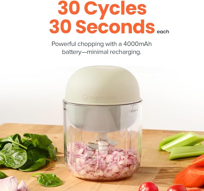 Choppi Cordless Electric Vegetable Chopper & Mini Food Processor for Dicing, Shredding, Mincing, and Puree, Portable and Rechargeable, 2-Cup, 500 mL, 4000 mAh Battery, Desert Sand