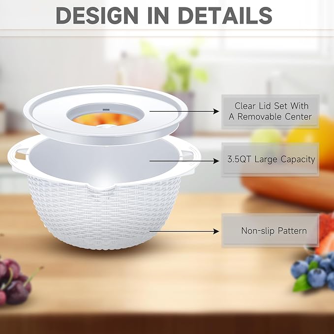 4-1 Colander with Bowl Set - Pasta Strainer - Colander for Kitchen - Strainers and Colanders Rice Strainer Fruit Cleaner Veggie Wash Sink Strainer Kitchen Essentials - White