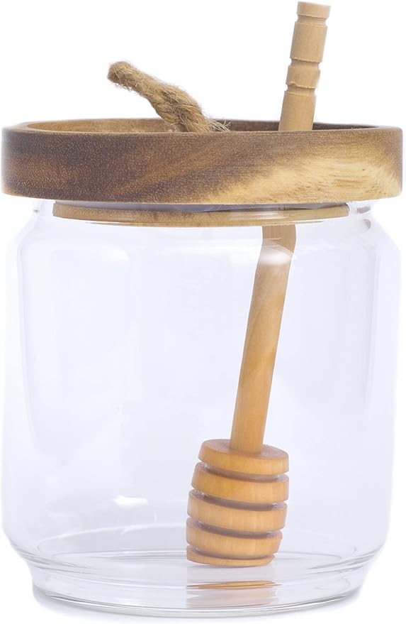 Honey Jar Pot Glass Holder Dispenser Set with Wooden Dipper Stick and Acacia Lid Cover for Home Kitchen, Clear, Modern Honey Syrup Glass Container for Storage Gift, Honey Pot and Drizzler (14 Oz)