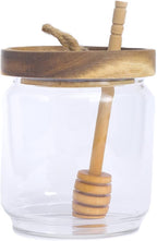 Honey Jar Pot Glass Holder Dispenser Set with Wooden Dipper Stick and Acacia Lid Cover for Home Kitchen, Clear, Modern Honey Syrup Glass Container for Storage Gift, Honey Pot and Drizzler (14 Oz)