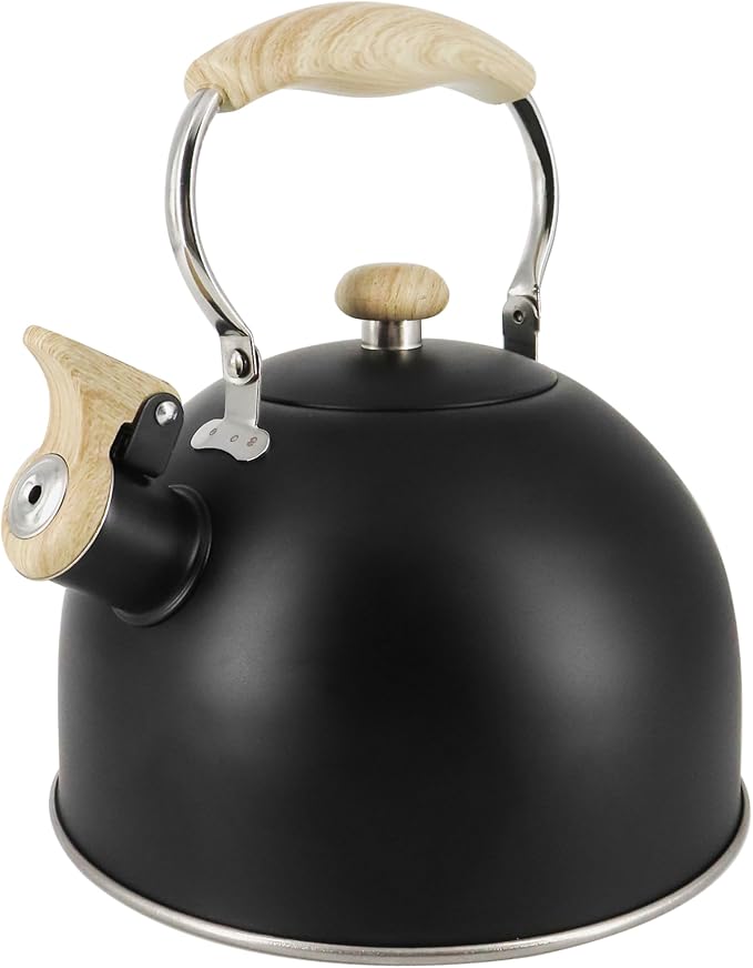 Lily's Home Whistling Tea Kettle, Teapot for Stovetop, Pleasant Whistle Sound, Heat Resistant Plastic Handle – Faux Wood Finish, Non Toxic Stove Kettle for Boiling Water - 2.5 Quarts (Black)