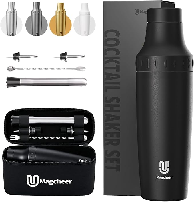 Hybrid Cocktail Shaker Set | Vacuum Insulated Stainless Steel Martini Shaker with Strainer & Jigger Lid | Travel cocktail kit with Bartender Accessory Tools | 30oz | Black