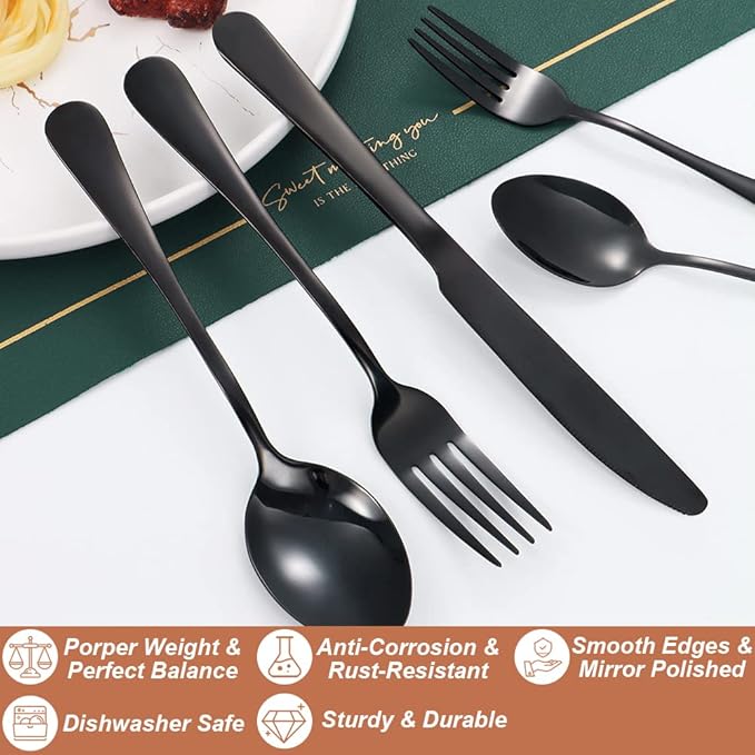 Lazycorner 20 Pcs Black Silverware Set for 4, Mirror Polished Flatware Set Stainless Steel Fork Knife Spoon, Food Grade Eating Utensils Sets, Reusable Silverwear Cutlery Set, Dishwasher Safe