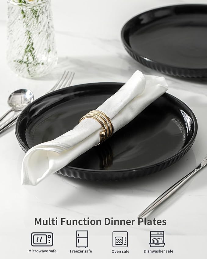 Hasense Black Dinner Plate Set of 6, 10 Inch Ceramic Plates for Kitchen, Large Salad Plates for Lunch, Dinnerware Dish for Restaurant, Home, Microwave Safe Dish for Mother's Day & Housewarming Gift