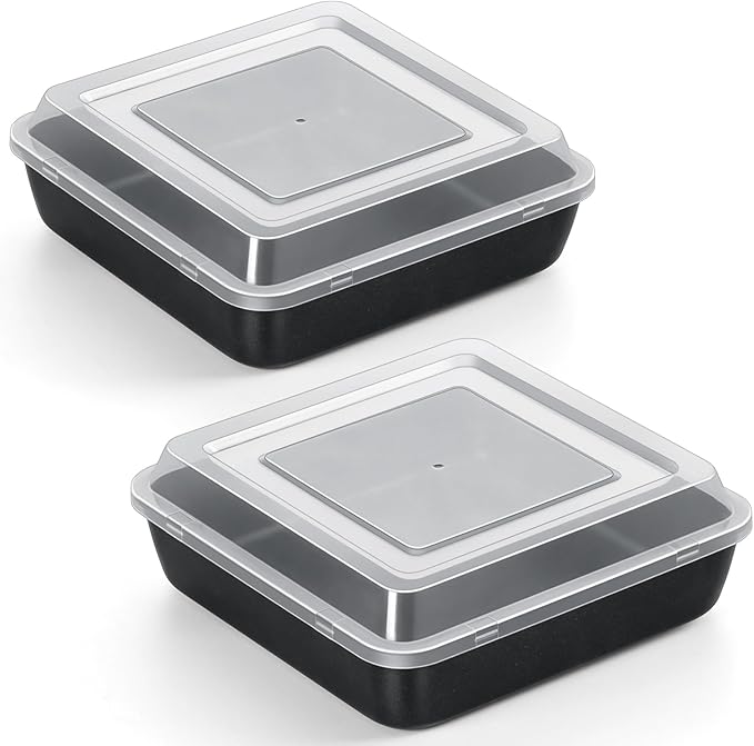P&P CHEF Square Baking Pan with Lid, Nonstick Stainless Steel Square Cake Pan and Plastic Lid, Black Bakeware Tin for Lasagna Brownies, Sturdy & Easy Clean, (8 Inch, 4Pcs)