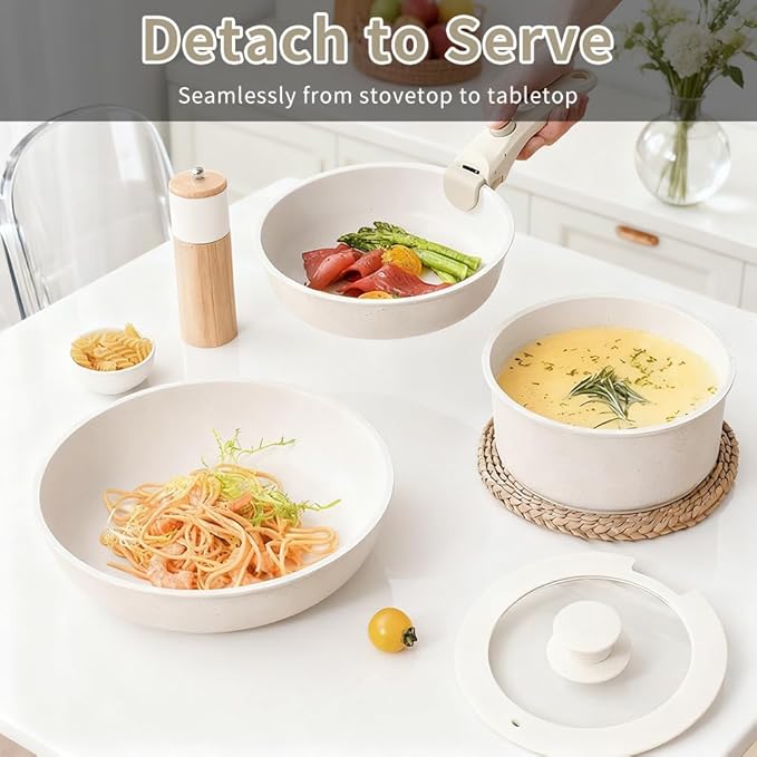 7-Piece Detachable Handle Non-Stick Cookware Set,with Beige Granite Texture Pots And Pans Set With Resistant to High Temperatures, Oven Safe, PFAS Free