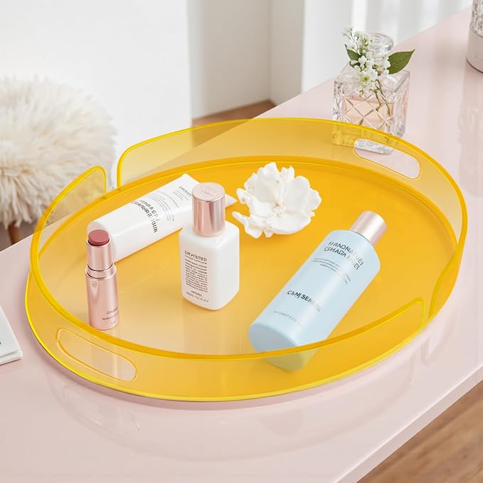 Acrylic Serving Tray with Handles Large Decorative Ottoman Tray 17x13'' Round for Bathroom Food Coffee Fruit Snack Tea Dinner Living Room, Neon Yellow