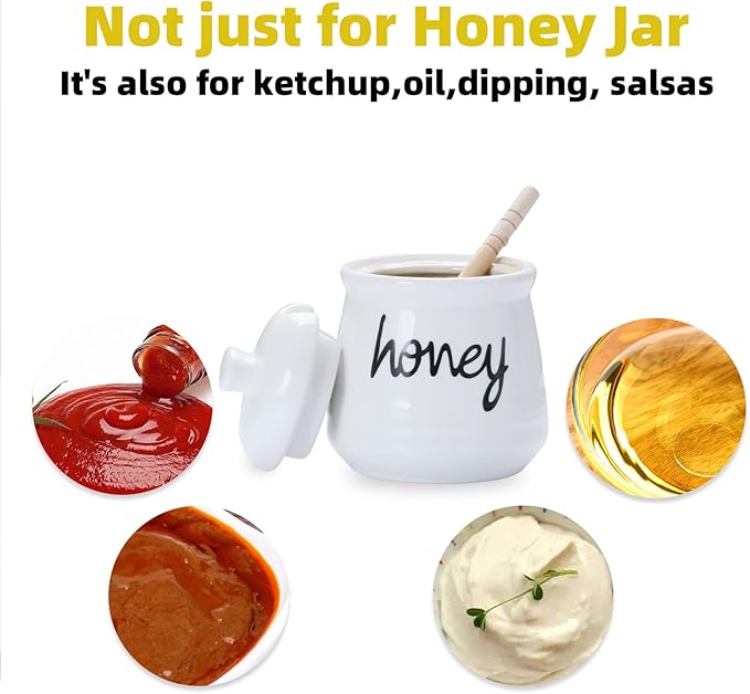 12 oz Honey Jar with Dipper and Lid, Ceramic Honey Pot, White